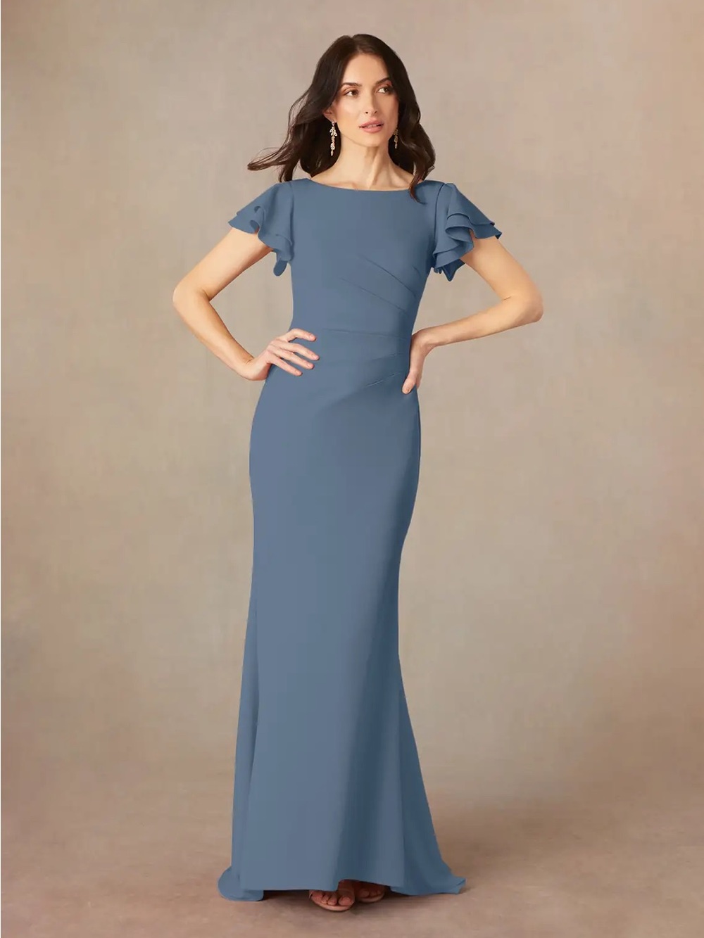 Azazie Peppermint Elegant Twilight Blue Flutter Sleeve Evening Gown